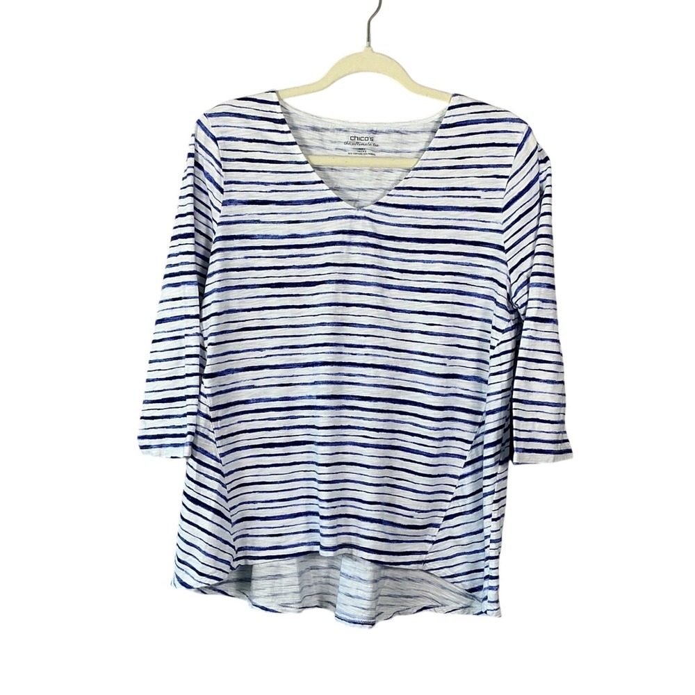 Chico's The Ultimate Tee Blue White Striped V-Neck High-Low Top Size 2 L